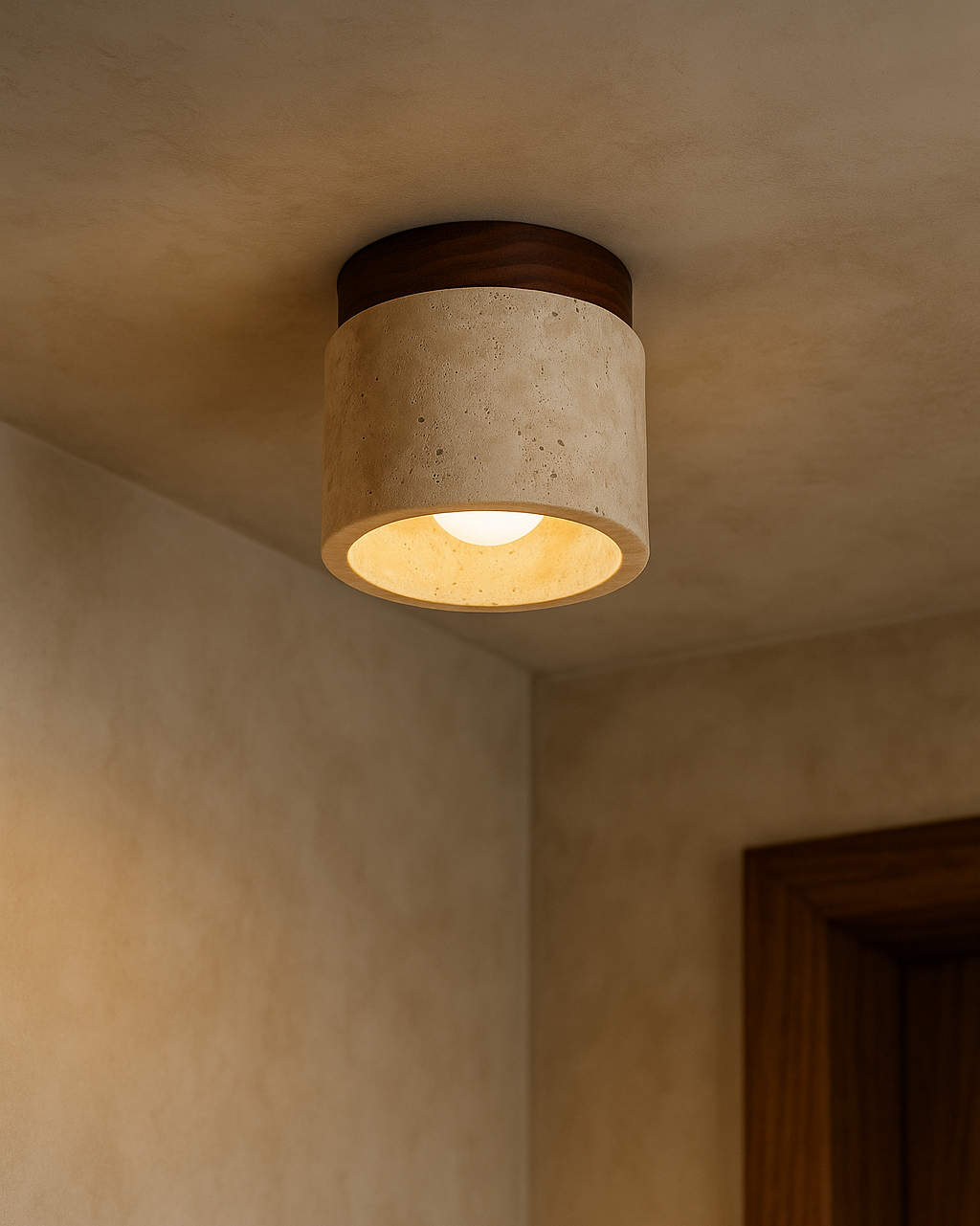 Ceiling light fixture on a beige wall with a wooden frame.
