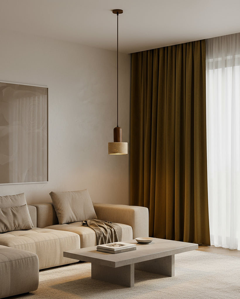 Modern living room with beige sofa, coffee table, and abstract painting.